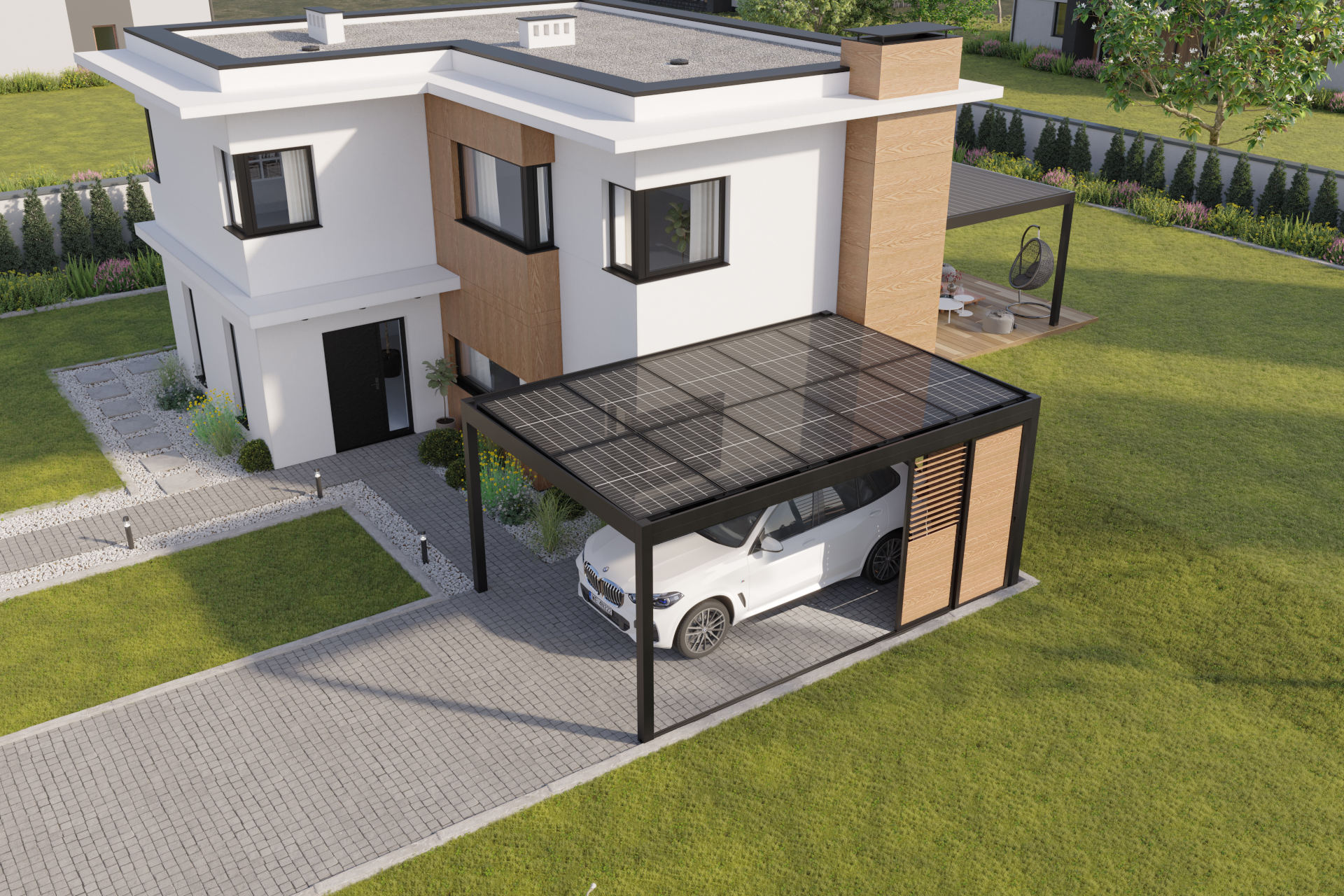 Parkplatzüberdachung (Caport) mit Sonnensegeln Online Konfigurieren